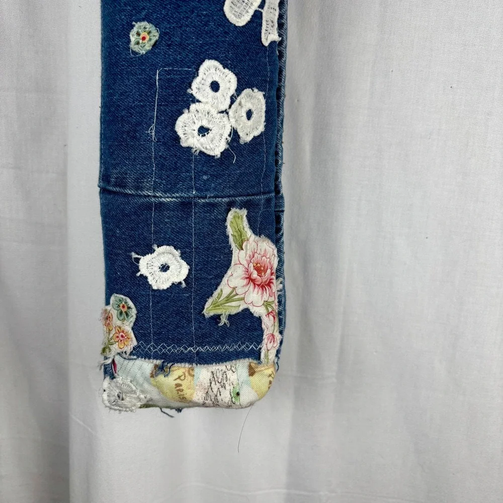 Handmade Denim Wine Tote Bag Floral Patchwork White Lace Embellished‎
